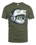 Cute Space Cat Astronaut Helmet Cartoon Graphic T Shirt Fun - military green t-shirt on white background