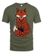 Cute Folk Art Fox Floral Pattern Nature Inspired Graphic T Shirt - military green t-shirt on white background