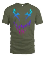 Neon Glitch Evil Smile Face Dark Aesthetic Graphic T Shirt - military green t-shirt on white background