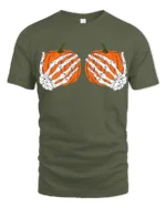 Funny Skeleton Hands Holding Pumpkins Halloween Spooky Graphic T Shirt - military green t-shirt on white background
