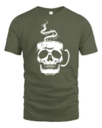 Cool Skull Coffee Lover Graphic T Shirt Minimalist Design - military green t-shirt on white background