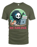 Deadline Grim Reaper Programmer Cat Funny Graphic T Shirt - military green t-shirt on white background