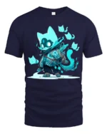 Cute Ghost Cat Spirit Warrior Graphic T Shirt Fantasy Style - navy t-shirt on white background
