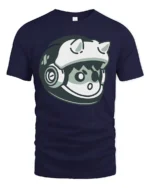 Cute Space Cat Astronaut Helmet Cartoon Graphic T Shirt Fun - navy t-shirt on white background