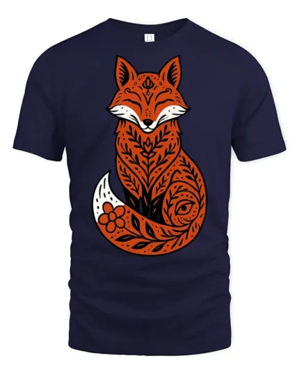 Cute Folk Art Fox Floral Pattern Nature Inspired Graphic T Shirt - navy t-shirt on white background