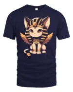 Kawaii Egyptian Cat Goddess Winged Sphinx Graphic T Shirt - navy t-shirt on white background