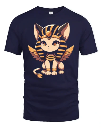 Kawaii Egyptian Cat Goddess Winged Sphinx Graphic T Shirt - navy t-shirt on white background