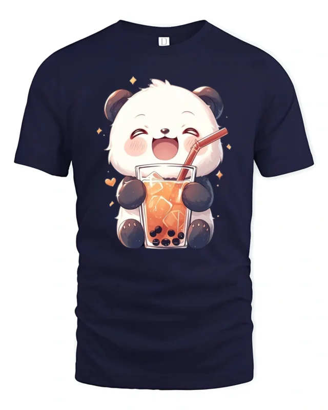 Cute Panda Bubble Tea Lover Kawaii Drink Graphic T Shirt - navy t-shirt on white background