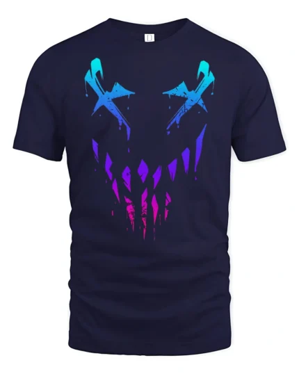 Neon Glitch Evil Smile Face Dark Aesthetic Graphic T Shirt - navy t-shirt on white background