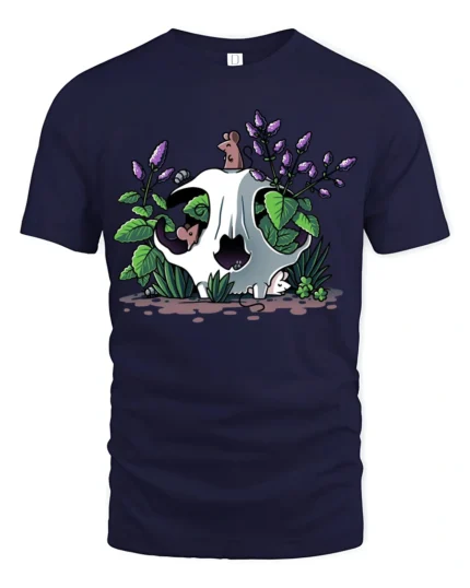 Whimsical Skull With Flowers Nature Lover Artistic T Shirt - navy t-shirt on white background