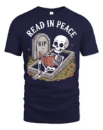 Funny Read In Peace Skeleton Graphic T Shirt Book Lover Humor - navy t-shirt on white background