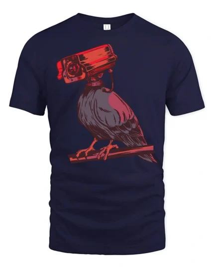 Paranoid Raven Security Camera Head Dark Humor Graphic T Shirt - navy t-shirt on white background