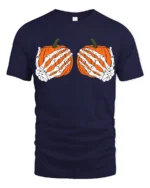 Funny Skeleton Hands Holding Pumpkins Halloween Spooky Graphic T Shirt - navy t-shirt on white background