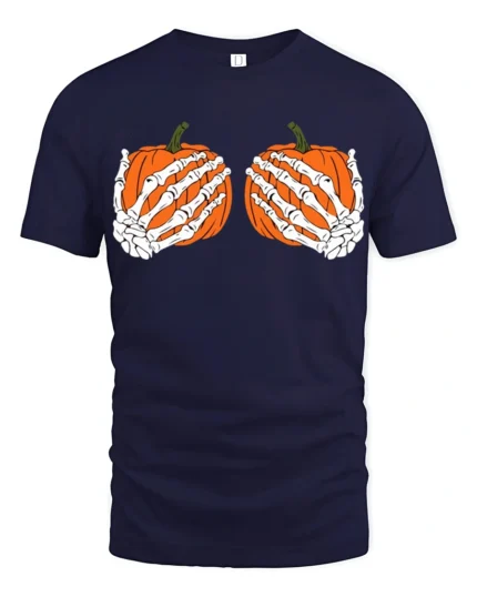 Funny Skeleton Hands Holding Pumpkins Halloween Spooky Graphic T Shirt - navy t-shirt on white background