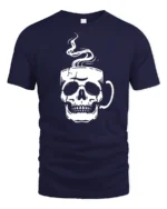 Cool Skull Coffee Lover Graphic T Shirt Minimalist Design - navy t-shirt on white background