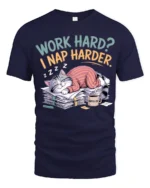 Funny Work Hard Nap Harder Cat Graphic T Shirt Lazy Humor - navy t-shirt on white background