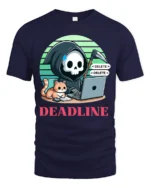 Deadline Grim Reaper Programmer Cat Funny Graphic T Shirt - navy t-shirt on white background