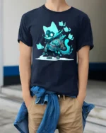 Cute Ghost Cat Spirit Warrior Graphic T Shirt Fantasy Style - model wearing navy tee with hands in pockets