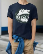 Cute Space Cat Astronaut Helmet Cartoon Graphic T Shirt Fun - model wearing navy tee with hands in pockets