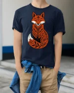 Cute Folk Art Fox Floral Pattern Nature Inspired Graphic T Shirt - model wearing navy tee with hands in pockets
