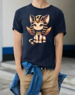 Kawaii Egyptian Cat Goddess Winged Sphinx Graphic T Shirt - model wearing navy tee with hands in pockets