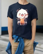 Cute Panda Bubble Tea Lover Kawaii Drink Graphic T Shirt - model wearing navy tee with hands in pockets
