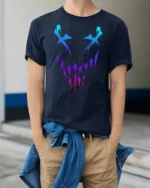 Neon Glitch Evil Smile Face Dark Aesthetic Graphic T Shirt - model wearing navy tee with hands in pockets