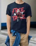 Free Not Tame Eagle Graphic T Shirt Patriotic Freedom Style - model wearing navy tee with hands in pockets