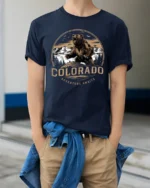 Colorado Adventure Awaits Bear Mountain Vintage Graphic T Shirt - model wearing navy tee with hands in pockets