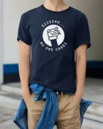 Sarcastic Ssssh No One Cares Meme Frog Funny T Shirt - model wearing navy tee with hands in pockets