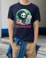 Deadline Grim Reaper Programmer Cat Funny Graphic T Shirt - model wearing navy tee with hands in pockets