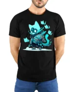 Cute Ghost Cat Spirit Warrior Graphic T Shirt Fantasy Style - model wearing black tee with hands behind back