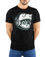 Cute Space Cat Astronaut Helmet Cartoon Graphic T Shirt Fun - model wearing black tee with hands behind back