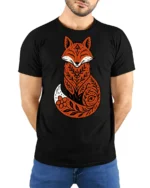 Cute Folk Art Fox Floral Pattern Nature Inspired Graphic T Shirt - model wearing black tee with hands behind back