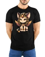 Kawaii Egyptian Cat Goddess Winged Sphinx Graphic T Shirt - model wearing black tee with hands behind back