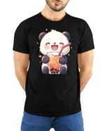 Cute Panda Bubble Tea Lover Kawaii Drink Graphic T Shirt - model wearing black tee with hands behind back