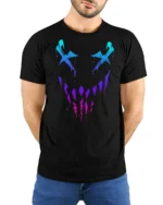Neon Glitch Evil Smile Face Dark Aesthetic Graphic T Shirt - model wearing black tee with hands behind back