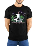 Whimsical Skull With Flowers Nature Lover Artistic T Shirt - model wearing black tee with hands behind back