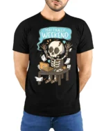 Yay Finally Weekend Funny Skeleton Work Humor Graphic T Shirt - model wearing black tee with hands behind back