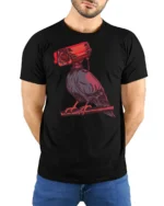 Paranoid Raven Security Camera Head Dark Humor Graphic T Shirt - model wearing black tee with hands behind back