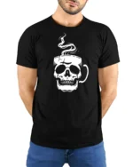 Cool Skull Coffee Lover Graphic T Shirt Minimalist Design - model wearing black tee with hands behind back