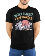 Funny Work Hard Nap Harder Cat Graphic T Shirt Lazy Humor - model wearing black tee with hands behind back
