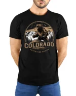 Colorado Adventure Awaits Bear Mountain Vintage Graphic T Shirt - model wearing black tee with hands behind back