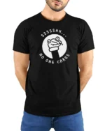 Sarcastic Ssssh No One Cares Meme Frog Funny T Shirt - model wearing black tee with hands behind back