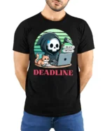 Deadline Grim Reaper Programmer Cat Funny Graphic T Shirt - model wearing black tee with hands behind back