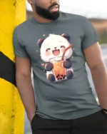 Cute Panda Bubble Tea Lover Kawaii Drink Graphic T Shirt - model wearing grey tee, leaning on column