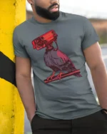 Paranoid Raven Security Camera Head Dark Humor Graphic T Shirt - model wearing grey tee, leaning on column