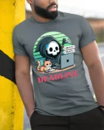 Deadline Grim Reaper Programmer Cat Funny Graphic T Shirt - model wearing grey tee, leaning on column