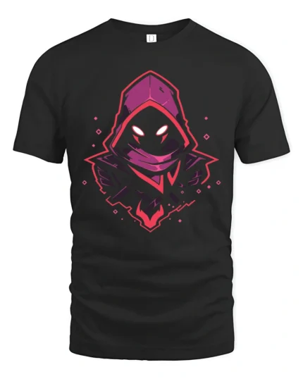 Neon Shadow Hooded Figure Graphic T Shirt Gaming Style Mystery Tee - black t-shirt on white background