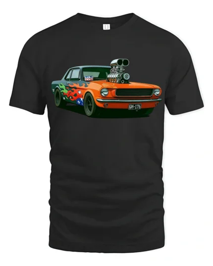 Retro Flame Muscle Car Graphic T Shirt Classic Racing Style Tee - black t-shirt on white background